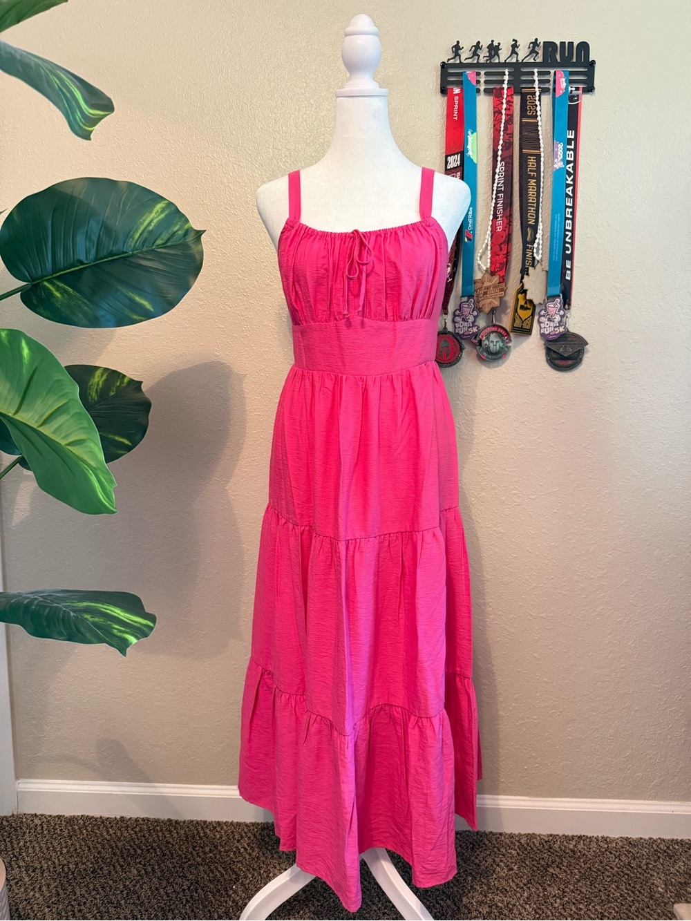 INC International Concepts Bright Pink Smocked Maxi Dress